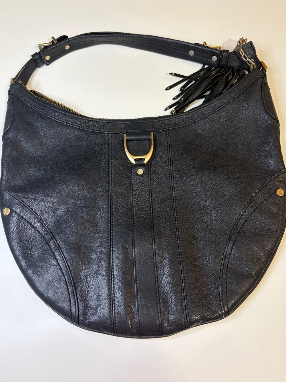 Cole Haan Black Leather Hobo Bag Y2K Round Tassel Charm Brass Hardware